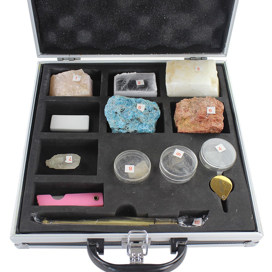 Mohs Hardness Scale Test Kit – 10 Mineral Specimens with Tools & Carrying Case